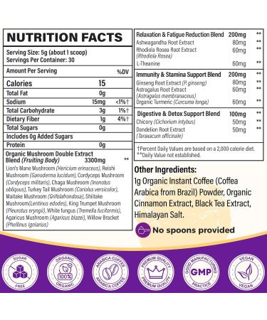 Mushroom Coffee Organic 11 Mushrooms + 8 Adaptogenic Herb Mushroom Coffee for Focus Energy Digestion & Immune Support| Cordyceps Lion s Mane Reishi Chaga & Ashwagandha| Gluten Free 30 Servings 5.3 Ounce (Pack of 1) - Buy Online on GoSupps.com