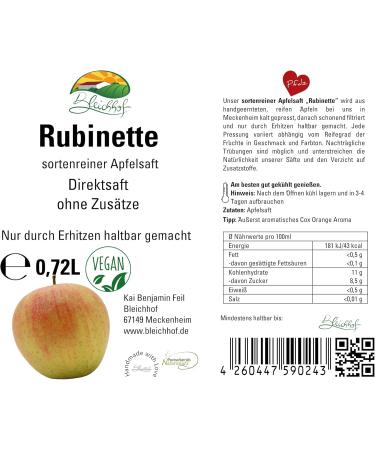  Bleichhof Bleichhof Apple Juice Rubinette - 100% Direct Juice Pure No Added Sugar Vegan Pack of 6 (6x0.72L) - Buy Online on GoSupps.com
