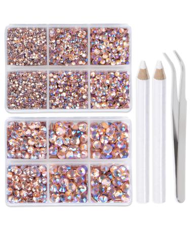 LPBeads 6400 Pieces Champagne AB Hotfix Rhinestones Flat Back 5 Mixed Sizes Crystal Round Glass Gems with Tweezers and Picking Rhinestones Pen