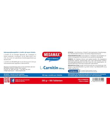 Buy Megamax L-Carnitin 500 mg - 180 Tablets | Supports Fat Metabolism & Energy | Carnipure Quality - Buy Online on GoSupps.com
