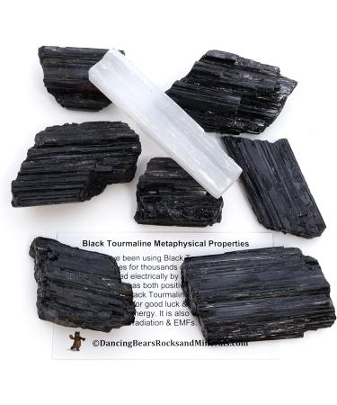 DANCING BEAR Black Tourmaline Crystals Bulk - 1/2 LB Large Pieces with Selenite Stick and Info Cards | Rough Raw Natural Stones Made in USA for Good Vibes and Reiki Energy - Buy Online on GoSupps.com