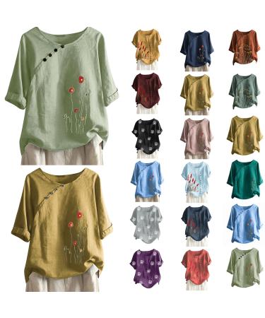 Iuhan Plus Size Tops for Women Dressy Casual Summer Linen Tops for Women Crewneck Short Sleeve Floral Cotton Linen Shirt A2# Mint Green Cotton Tops for Women 3X-Large