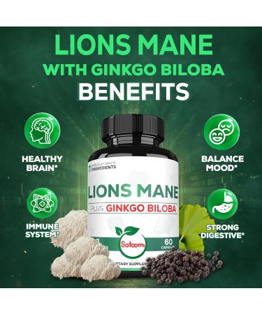 Satoomi Lions Mane with Ginkgo Biloba Supplement - 60 Capsules - Extra Strength for Restful Mind, Brain Health, Immune System & Focus - Gluten-Free, Non-GMO - Buy Online on GoSupps.com