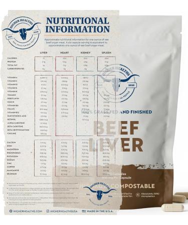 Higher Healths 100% Grass Fed Beef Liver Capsules - 180-Count, Pure Freeze Dried Beef Organ Supplement for Women & Men - No Fillers & No Additives - Real Food Sourced & Made in USA - Buy Online on GoSupps.com