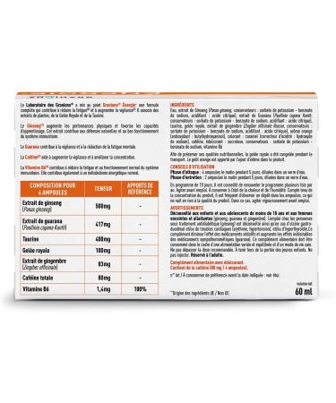 GRANIONS PHYSICAL AND MENTAL ENERGY BOOSTER | Ginseng Ginger Guarana Royal Jelly Vitamin B6 Coffeine - Memory and Concentration - Anti Fatigue Booster - 30 Drinkable Ampoules - Made in France - Buy Online on GoSupps.com