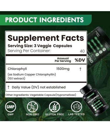 Chlorophyll Capsules 1500mg -Concentrated Natural Energy Boost for Body Deodorizing, Internal Cleanse, Skin Health - Sodium Copper Chlorophyllin,120 Vegan Capsules - Buy Online on GoSupps.com