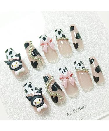 24 PCS Cute Extra Long Press on Nails Coffin with Cow Pattern and Black Heart  Kawaii Cartoon Animal Pink False Nails with Glue  Reusable Press on Nails for Women and Girls