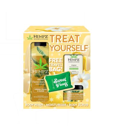 Hempz Treat Yourself Floral Banana Herbal Moisturizing Body Wash (17 Oz) Body Scrub (7.3 Oz) & Moisturizer (1.25 Oz) Travel Bag Festive Holiday Skin Care Gift Set for Women or Men with Dry