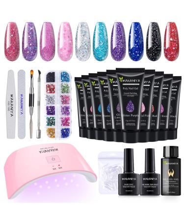 wakaniya Poly Gel Nail Kits with Lamp  10 Glitter Poly Gel Colors Quick Gel Nail Extension Builder Enhancement Set  Easy Polly Nail Gel Kit with Rhinestones  Nail Forms for Starters DIY Nail Art Glitter Silver Pink Blue ...