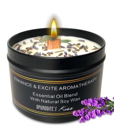100% Soy Candle Non-Toxic Lavender Aphrodisiac Scented Candle with Jade Crystals | 10oz Wood-Wick | Aromatherapy | Black Candle | Gifts for Women Gifts for Men Anniversary Birthday