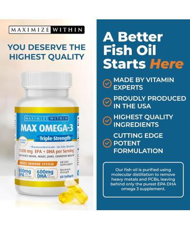 Maximum Slim Max Omega 3 Fish Oil Pills - Triple Strength Fish Oil Supplement (2000 mg Total Omega 3 Fatty Acids: 600mg DHA + 800 mg EPA per Serving) - Buy Online on GoSupps.com