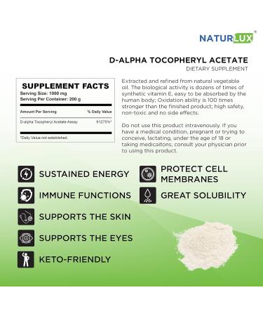 Naturlux D-Alpha Tocopheryl Acetate Vitamin E 200g (0.4lb) Gluten Free Vegetarian Capsules Soy Free & Non-GMO 7.05 Ounce (Pack of 1) - Buy Online on GoSupps.com