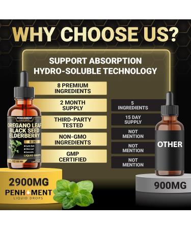 Penhoment 8in1 2900mg Oil of Oregano Drops with Black Seed Oil Liquid | Contains Carvacrol | Garlic, Elderberry, Olive Leaf, Quercetin, Bromelain - 2 Fl Oz - Buy Online on GoSupps.com