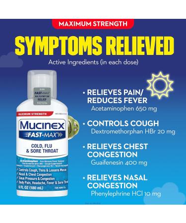 Mucinex Fast-Max Maximum Strength Cold Flu & Sore Throat Liquid 6oz - Fast Relief Formula - Buy Online on GoSupps.com