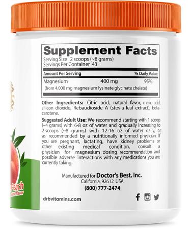Doctor's Best High Absorption Magnesium Powder - Sweet Peach 12.3 oz | Promotes Relaxation & Muscle Health - Buy Online on GoSupps.com