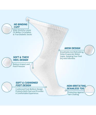 LIN Diabetic Socks for Men & Women - Non-Binding Circulatory, Extra Wide Top, Ideal for Edema, Neuropathy, Lymphedema - 6 Pairs, Crew/Snow White 9-11 - Buy Online on GoSupps.com
