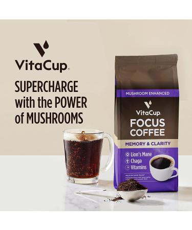 VitaCup Focus Ground Mushroom Coffee 10 Oz - Boost Focus & Immunity with Lions Mane, Chaga, B Vitamins, D3 - Medium Dark Roast 100% Arabica Specialty Coffee Grounds - Memory & Clarity Blend - Buy Online on GoSupps.com