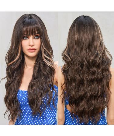 EMMOR Brown with Highlight Wigs for Women Long Curly Wigs with Bangs Heat Resistant Fiber Synthetic Wigs Daily Natural looking