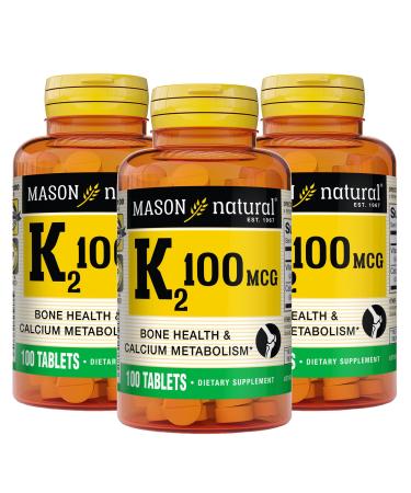 MASON NATURAL Vitamin K2 100 mcg with Calcium Supports Bone Heart & Muscle Health 100 Tablets Pack of 3