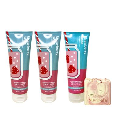 Bath & Body Works Strawberry Soda 3 Pack Ultimate Hydration Body Cream Bundle with a Himalayan Salts Springs Bar Soap - Full Size