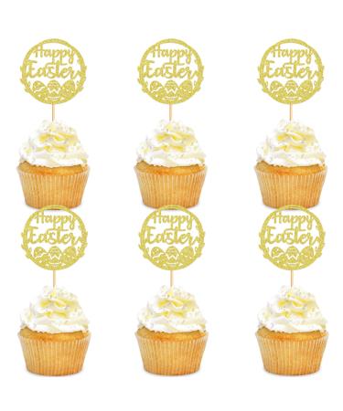 Ercadio 24 Pack Happy Easter Cupcake Toppers Gold Glitter Happy Easter Bunny Eggs Cupcake Picks Easter Rabbit Cupcake Toppers for Easter Day Theme Baby Shower Birthday Party Decor Supplies Pattern 8