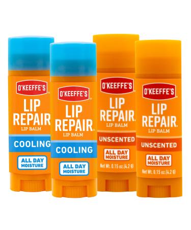 O'Keeffe's Lip Repair Lip Balm for Dry Cracked Lips Stick (Pack of 4: 2 Cooling + 2 Unscented)