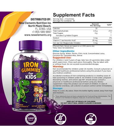 Iron Dinosaur Gummies for Kids with Vitamin C | Sugar-Free Vegan Gluten-Free & Non-GMO | Anemia Relief Energy & Blood Health Support | Grape Flavor Pectin-Based for Optimal Health 60 Count (Pack of 1) - Buy Online on GoSupps.com