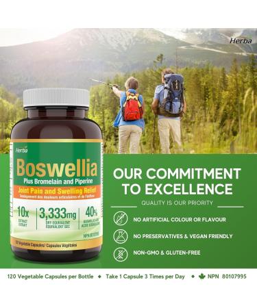 Herba Boswellia Serrata Capsules with Bromelain Supplement 120 Boswellia Capsules | 3 330mg 10:1 Boswellia Extract with Black Pepper - Extra Strength | Relieves Joint Pain and Swelling | Made in Canada - Buy Online on GoSupps.com