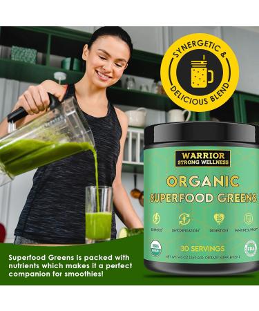 Warrior Strong Wellness Certified Organic Greens Powder - 30 Servings - Green Superfood Powder Energy Boost Detox Drink Fruit and Vegetable Powder Apple Cider Vinegar Green Tea Extract - Buy Online on GoSupps.com