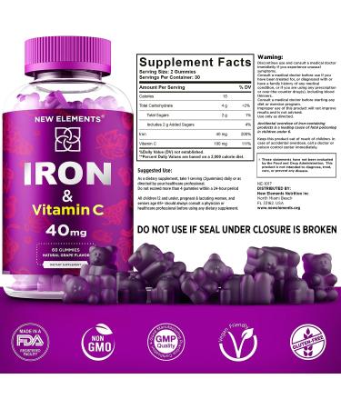 Iron Gummies with Vitamin C for Adults | 40mg Iron, 100mg Vitamin C | Natural Grape Flavor | Anemia Support | 30 Day Supply - Buy Online on GoSupps.com