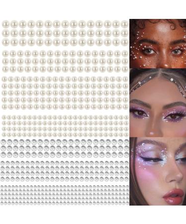 4368 PCS Self Adhesive White Pearl Stickers Clear Rhinestones Stickers  Flat Back Bling Gems Jewels Stickers for Makeup Face Eye Hair DIY Vintage