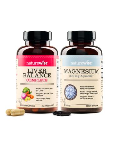NatureWise 1 Liver Balance - Milk Thistle Dandelion Turmeric - 60 Capsules 30-Day Supply + 1 Marine Magnesium 300mg - Naturally Sourced Non-GMO - 90 Softgels 60-Day Supply