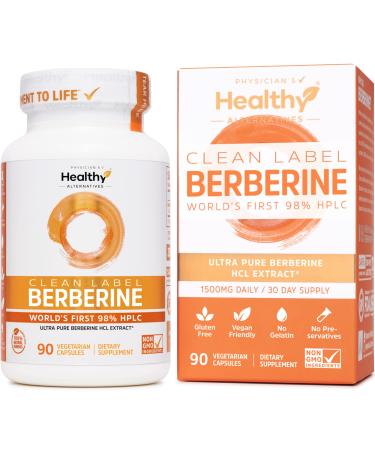 Clean Label Berberine 1500mg - Highest 98% Purity in The US - No Unnecessary Additives & Synthetics, 100% Naturally Sourced, Non-GMO, Gluten Free, Vegan. Ultra Pure Berberine HCl Supplement. 90ct