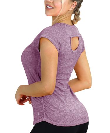 icyzone Workout Running Shirts for Women - Fitness Gym Yoga Exercise Short Sleeve T Shirts Open Back Tops Small Lavender