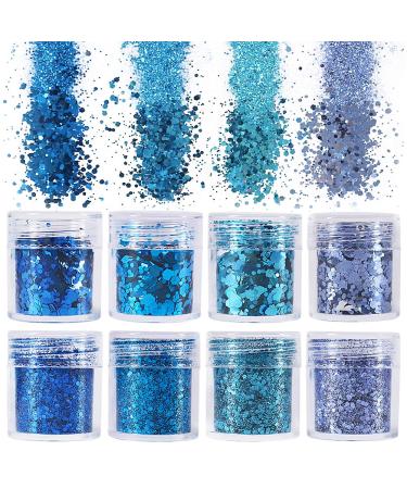 besharppin 8 Boxes Glitters Sequins  Chunky and Fine Glitter Mixed for Crafts Body Face Hair Makeup Nail Art (Blue)