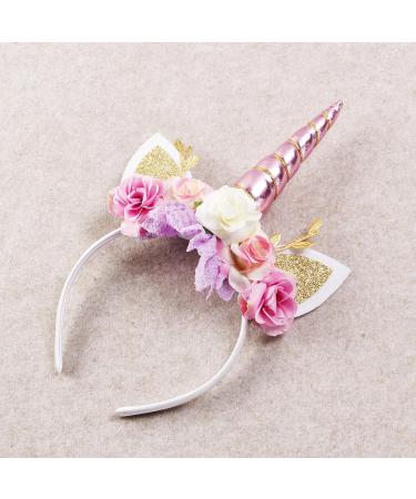 Nishine Unicorn Horn Floral Headband Glitter Ears Pony Head Bands Tiara for Girls Party Birthday Cosplay (Pink&Ivory) - Buy Online on GoSupps.com