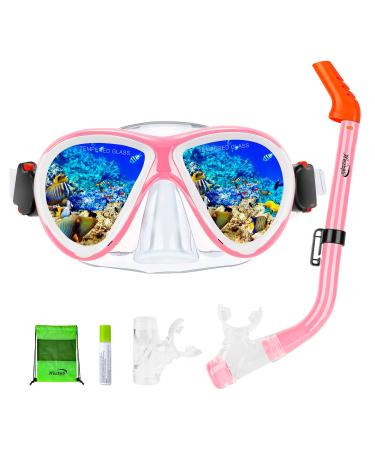 Kids Snorkel Set Snorkeling Gear Diving Mask with Spare Mouthpiece and Carrying Bag, Panoramic Anti-Leak and Anti-Fog Tempered Glass Lens for Kids Boys and Girls Pink Kids Snorkel Set