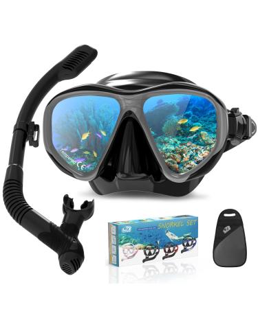 findway Snorkel mask, Dry Snorkel Set for Adults,Panoramic Wide View,Anti-Fog Scuba Diving Mask,Professional Training Snorkeling Gear -Black