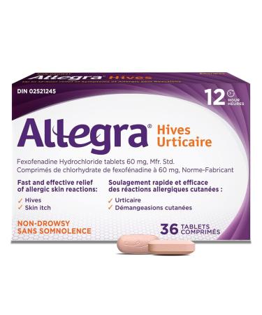 Allegra Hives 12-Hour Itchy Skin Relief Due to Hives Allergic Skin Reactions Non-Drowsy Allergy Medication 60 mg Fexofenadine Hydrochloride Antihistamine Adults and Kids 12 and Older 36 Tablets