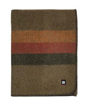 EKTOS 100% Wool Striped Blanket, 5.0 lbs, Warm, Thick, Washable, Large 66" X 90" | Perfect for Home, Cabin, Vanlife, Camping, Outdoor Adventures & Sporting Events (Olive Blaze), Twin Twin Olive Blaze Striped