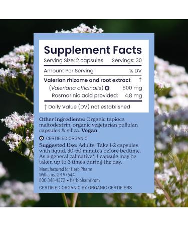 Herb Pharm Valerian Root Sleep Support Capsules: Certified Organic Sleep Aid for Adults Valeriana Extract for Relaxation Non-Bitter Melatonin Free Vegan 30-60 Day Supply 60 Capsules* - Buy Online on GoSupps.com