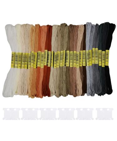 Cldamecy 30 Skeins Embroidery Thread White Brown Grey Black Gradient Embroidery Floss for Cross Stitch and DIY Art Craft Friendship Bracelets String with 12 PCS Floss Bobbins White brown gray black gradient