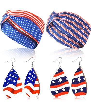 Redbaker 4 Pcs 4th of July Accessories Include 2 American Flag Headband 2 Pairs Wooden 4th of July Earrings for Women Girls USA Patriotic Head Band for Memorial Independence Day Party (Classic Style)