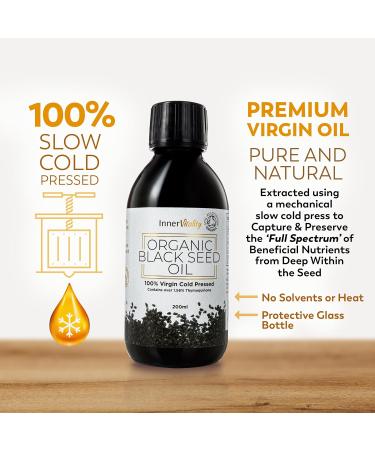 Organic Black Seed Oil Cold Pressed - 200ml High Strength 3X% - Certified Pure Virgin Oil - Omega 3 6 & 9 - Glass Bottle - by Inner Vitality - Buy Online on GoSupps.com