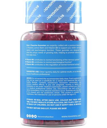 Children LTheanine Gummies Supplements for Focus and Concentration 50 mg LTheanine with Lemon Balm & Vitamin B6 Vegan NonGMO & Gluten Free Novomins - Buy Online on GoSupps.com