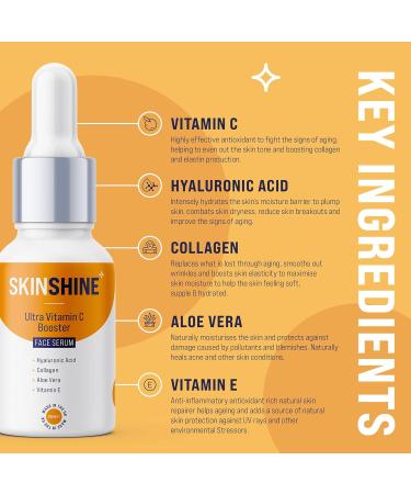 SKINSHINE ??????1* - NEW Ultra Vitamin C Booster Face Serum with Hyaluronic Acid & Collagen - UK Made - Remove Acne Scars Wrinkles Blemishes & Signs of Ageing - For Women & Men - Buy Online on GoSupps.com