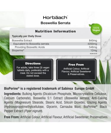 Boswellia Serrata Extract 4200mg | 65% Boswellic Acid | 120 Vegan Tablets | Joint Support & Anti-Inflammatory | Horbaach - Buy Online on GoSupps.com