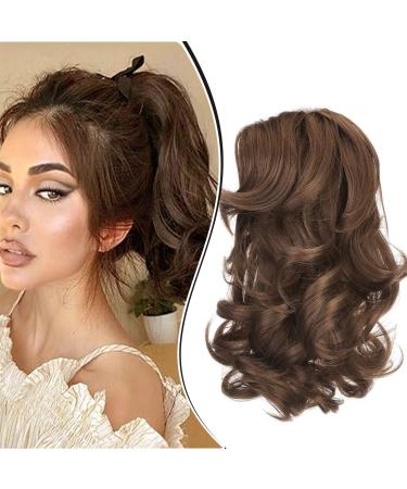 Dcbaboo Short Ponytail Extension Curly 12inch Claw Clip in Ponytail Hair Extensions Long Wavy Synthetic Pony tails Natural Wave One Piece Hairpiece Fake Ponytail for Women Dark Brown/Dark Auburn 12 inch 110g Dark Brown/Dark Auburn