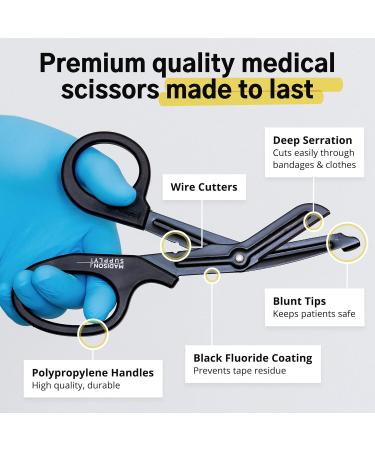 Madison Supply 7.5 Medical Scissors - Premium Quality Stainless Steel Bandage Shears for Nurses, EMT & Trauma - Fluoride-Coated Blades, Non-Stick, Black Handle - 1 Pack - Buy Online on GoSupps.com