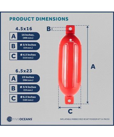 Five Oceans Boat Fenders 4 Pack - Marine Inflatable Ribbed Boat Bumpers for Docking - Includes 4 Ropes, Inflator Pump, and Needles - Ideal for Pontoon, Fishing, Bass, Sport Boats, Sailboats - 4.5 x 16 Inch Red - Buy Online on GoSupps.com